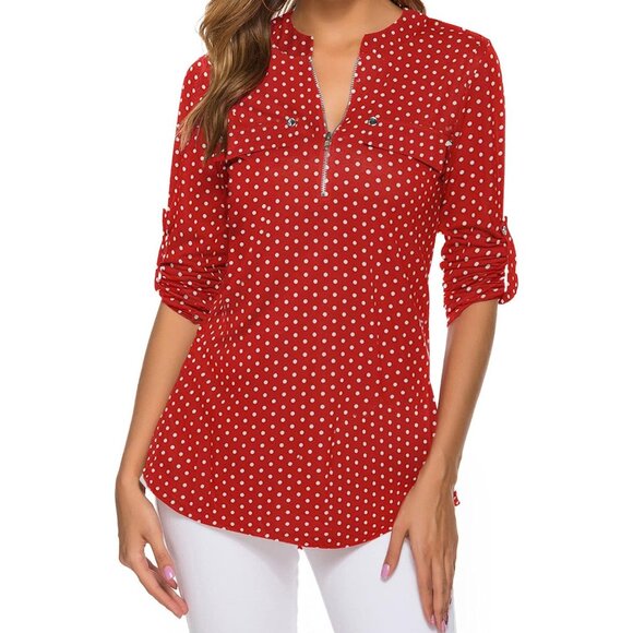 Women's V Neck Zip Cuffed Sleeve Flowy Work Tunic Tops Shirts Blouse Red Dot - Picture 1 of 2